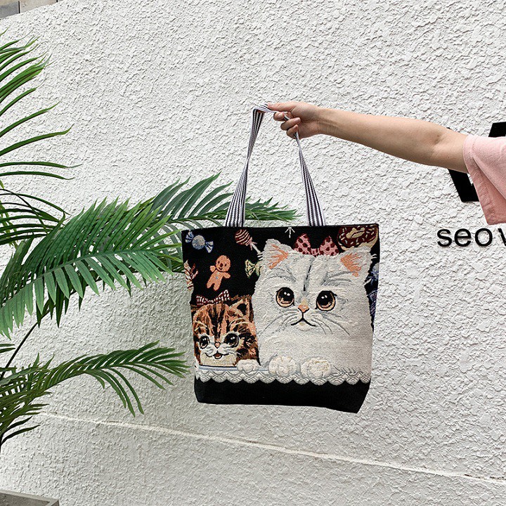Túi Tote Nữ Vải Canvas Thêu Hình Mèo Phong Cách Hàn Quốc Đựng Được Laptop  GN11