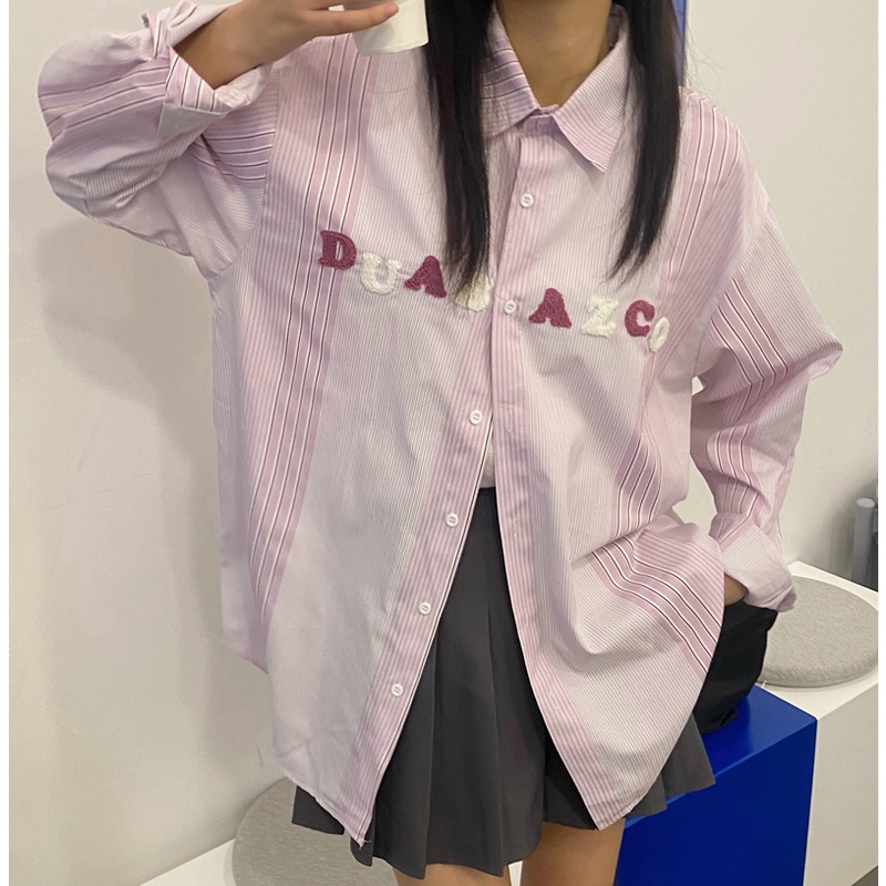 Áo Sơ Mi Tay Dài Kẻ Sọc Hoạ Tiết Chữ Thêu Phong Cách Hàn Quốc