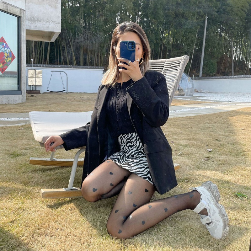 Youyo Quần Tất Siêu Mỏng Xuyên Thấu Họa Tiết Trái Tim Nhỏ Ngọt Ngào Phong Cách Harajuku Quyến Rũ Cho Nữ Có Sẵn