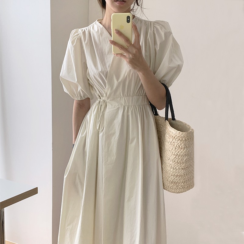 Váy tay phồng cổ V eo thắt dây đơn giản nhẹ nhàng vintage Hàn Quốc nhiều màu