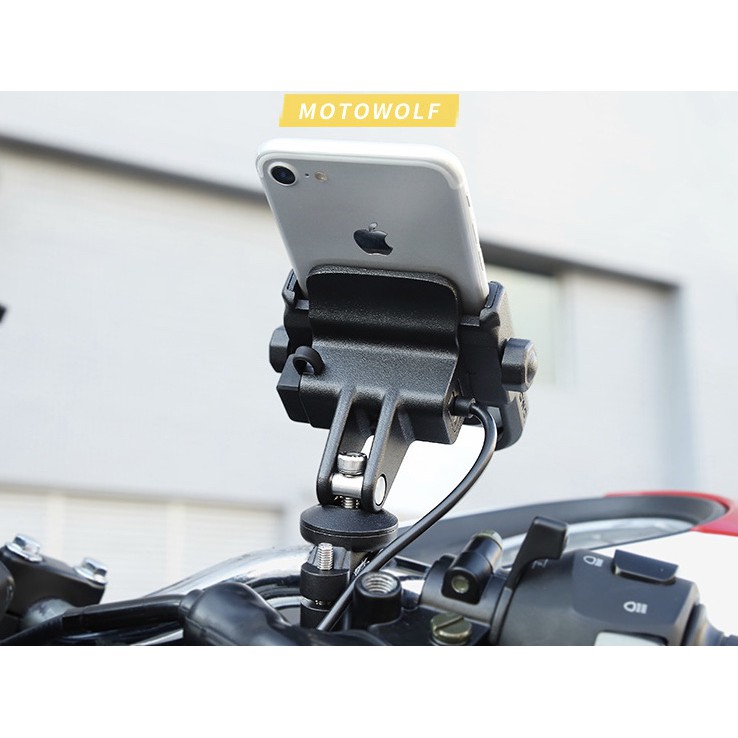 Giá đỡ điện thoại trên xe máy có sạc hợp kim MOTOWOLF, chống rung, chống giật, kẹp điện thoại xe máy, phụ kiện phượt