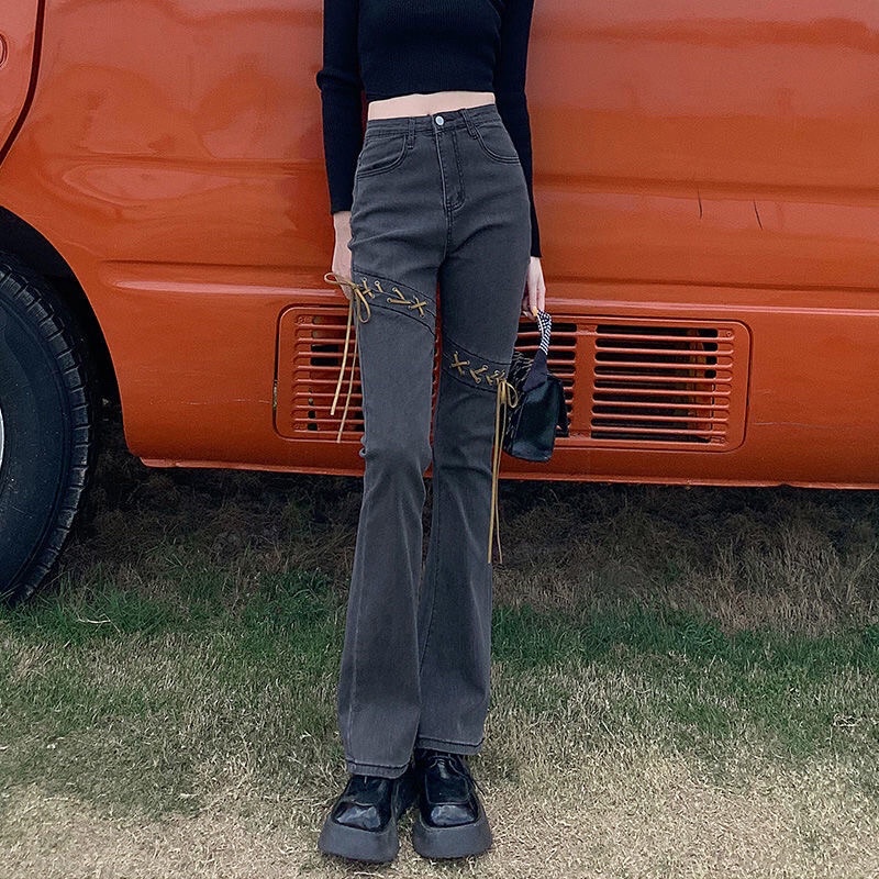 Quần jeans thắt gối đan dây douyin phong cách retro