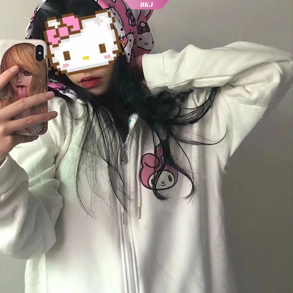 SANRIO Áo Khoác Nỉ Tay Dài Họa Tiết Mèo Hello Kitty Dễ Thương Cho Bé Gái