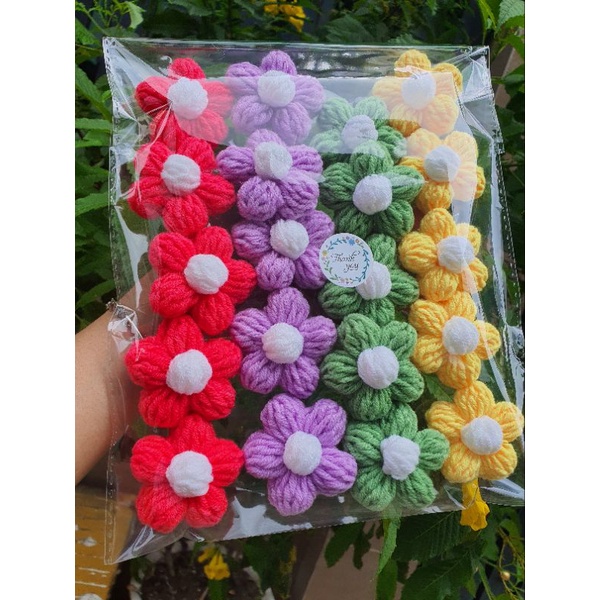 100 bông len giá sỉ,  bông len handmade trang trí áo túi xách mũ nón,  flower crochet