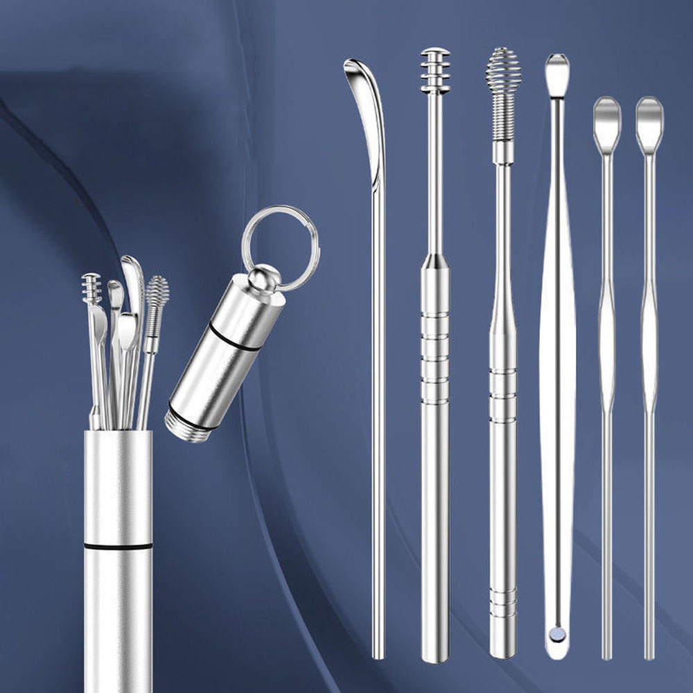 Bộ dụng cụ lấy ráy tai 6 món hợp kim cao cấp có móc treo khóa