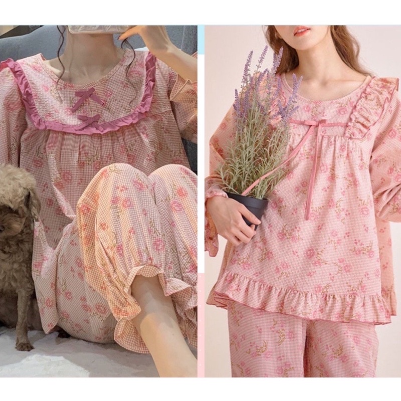BỘ MẶC NHÀ CARO HOA MÙA THU VIỀN NƠ CỰC YÊU ULZZANG