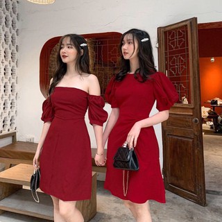 Đầm dự tiệc dáng chữ A màu đỏ đô dễ thương quyến rũ đi tiệc đi chơi VT14