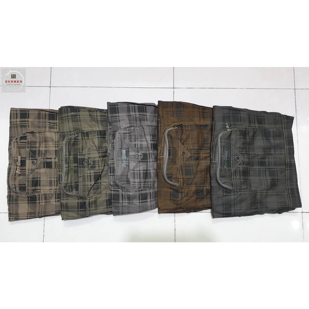 [HCM] Quần Short Nam Kaki Kẻ Caro Túi Hộp Lưng Thun Co Giãn From Rộng Trung Niên Có Túi Khóa Kéo Size Từ 50-90kg