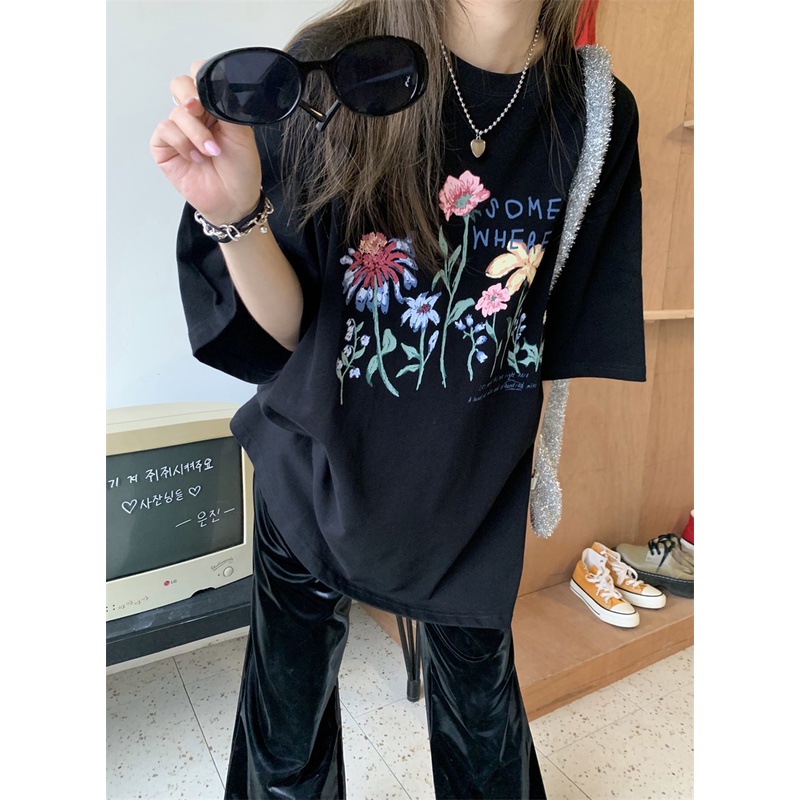 Áo Thun Ngắn Tay Cổ Tròn In Họa Tiết retro Thời Trang Nữ