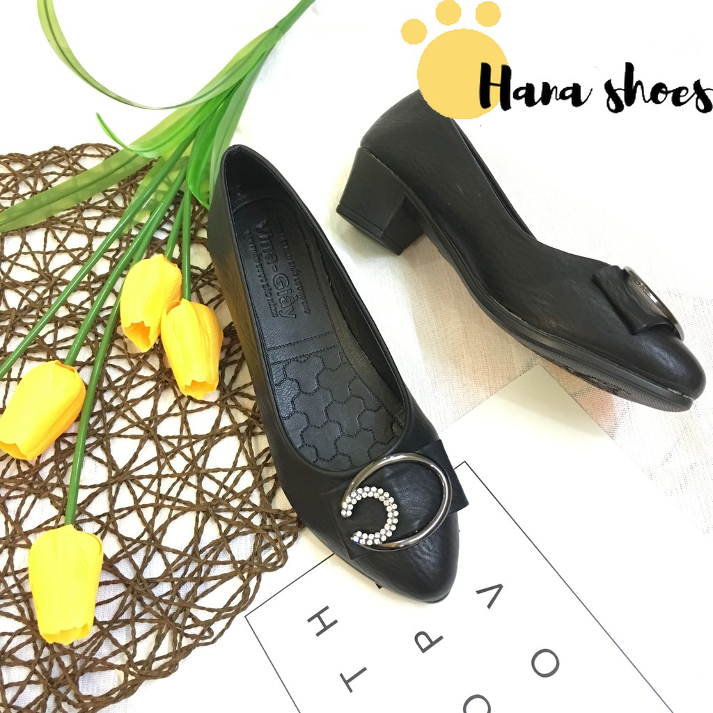 Hình thật_ M20 Giày cao gót nữ da lì đính nơ đá sang chảnh