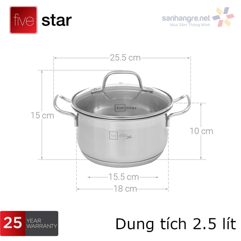 Bộ Nồi, Chảo 5 Đáy Inox 304 Fivestar Plus FPB55D001 Vung Kính Đáy Từ, hàng chính hãng Bảo Hành 25 Năm