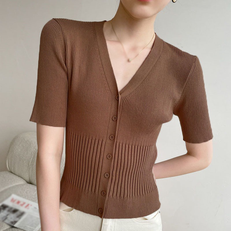 Áo Cardigan Dệt Kim Tay Ngắn Cổ Chữ V Màu Sắc Trơn Thời Trang Mùa Hè Dành Cho Nữ
