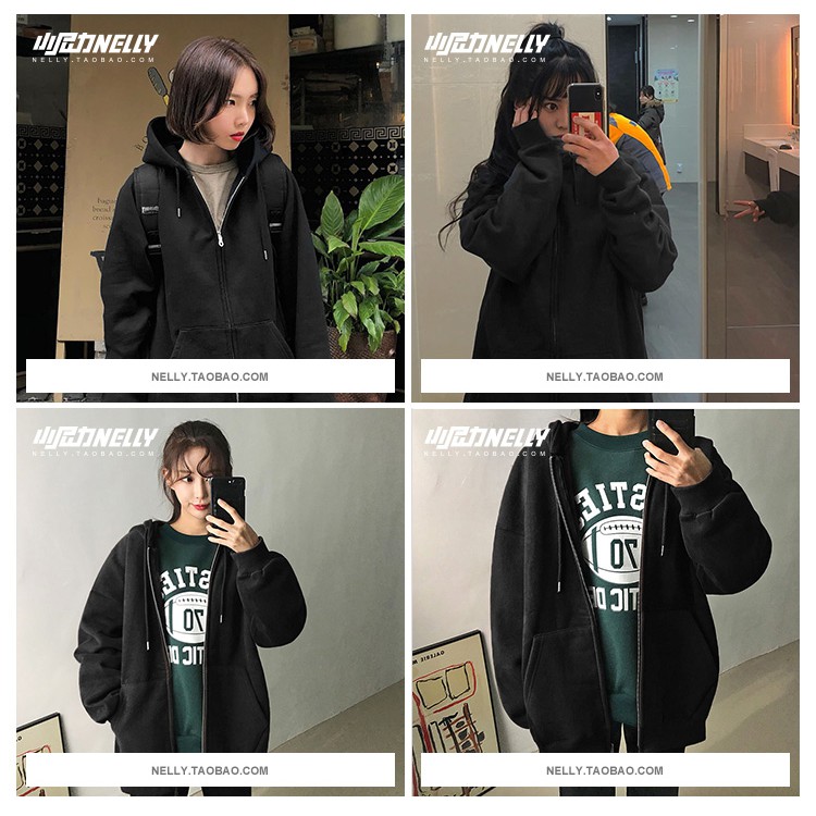 Áo Hoodie Nelly Heybig có khoá kéo Basic Trơn 6 màu