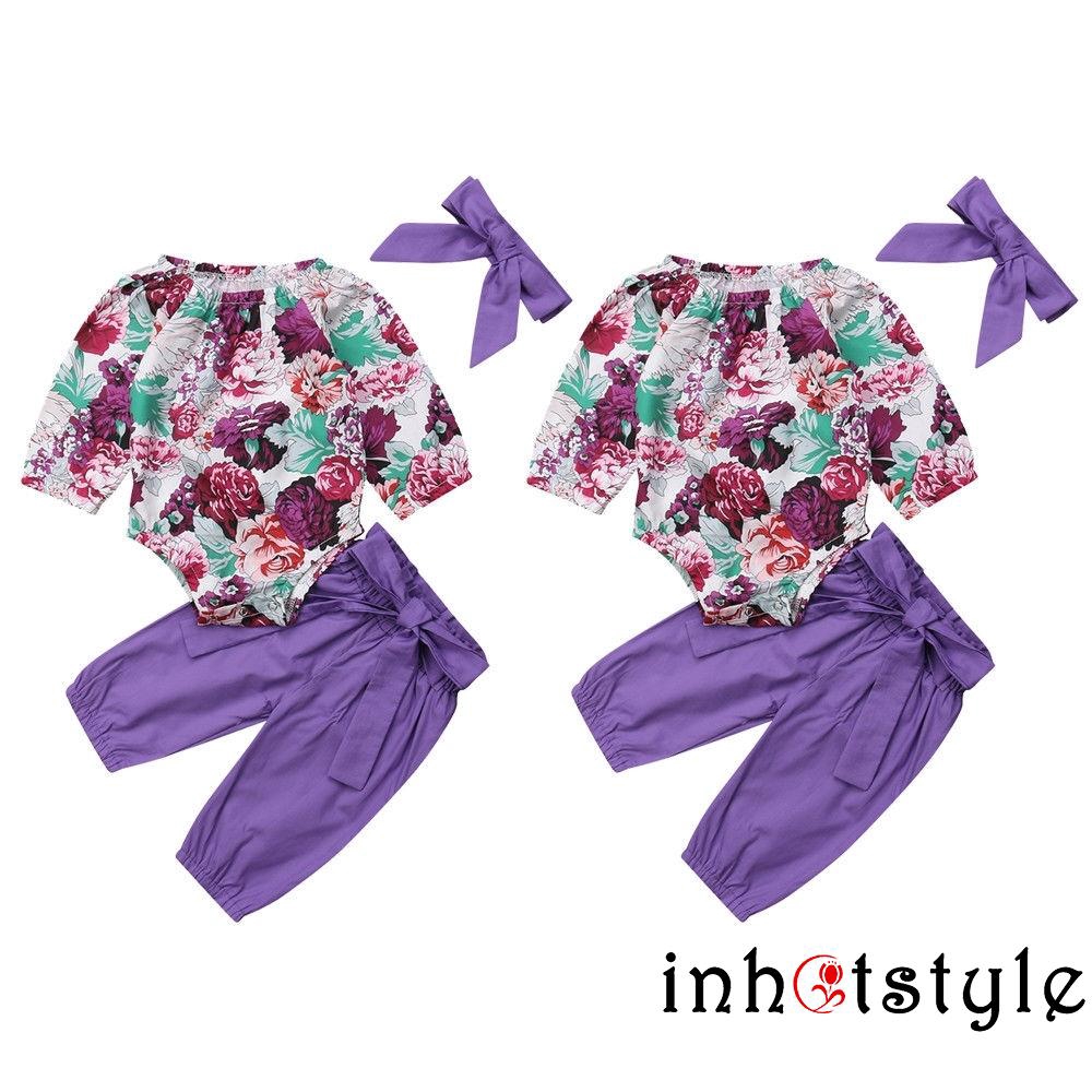 Bộ Jumpsuit Dài Tay In Hoa + Quần Dài Màu Tím + Băng Đô Cho Bé Gái