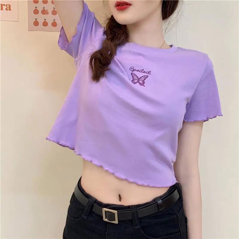 Áo Thun Croptop Ngắn Tay Cổ Tròn Thêu Họa Tiết Bướm Dễ Thương Thời Trang Mùa Hè Cho Nữ