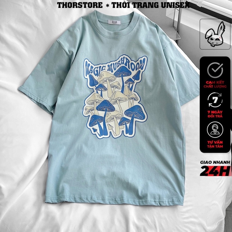 Áo thun tay lỡ nam nữ,in hình Mushroom màu xanh