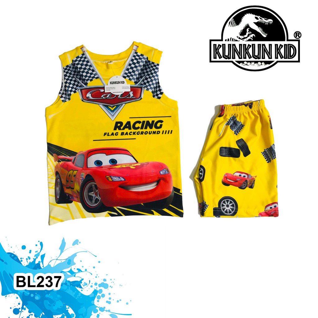 Quần áo trẻ em hình xe hơi cars vàng sát nách cho bé trai size từ 10-60kg thun lạnh co giãn 4 chiều KunKun BL237