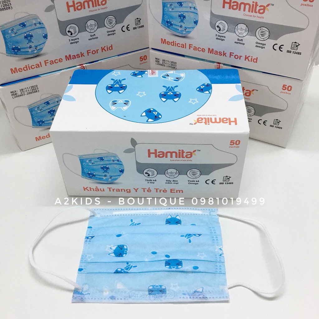 Khẩu Trang Y Tế 3 Lớp Kháng Khuẩn Cao Cấp Hàn Quốc Hamita Hoạ Tiết Mèo Con An Toàn Cho Bé