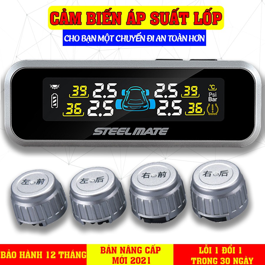 Cảm biến áp suất lốp van ngoài TPMS không dây Car365 phân phối chính hãng STEELMATE có màn hình màu hiển thị thông số