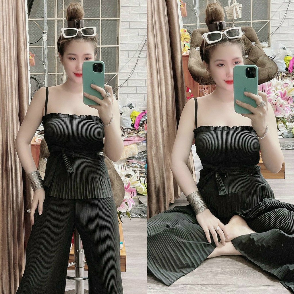 Sét bộ nữ áo 2 dây DẬP LY quần ống rộng