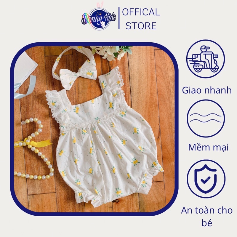 Bodysuit Bé Gái Cánh Tiên Trắng Hoa Vàng Kèm Turban, Váy Thôi Nôi, Đầm Đầy Tháng, Body Liền Thân, Set Đồ Sơ Sinh