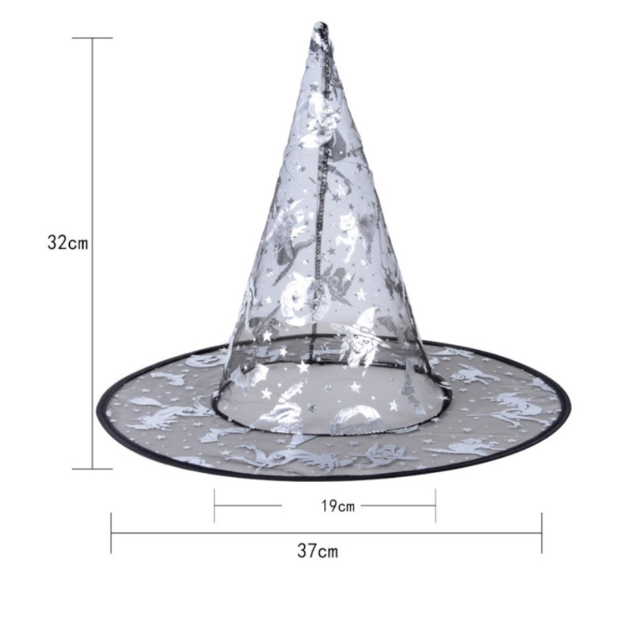 Mũ phù thủy hóa trang Halloween màu đen nhiều họa tiết đẹp VẢI MỎNG