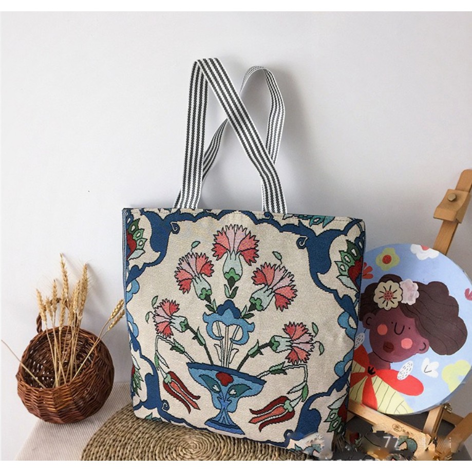 Túi tote vải canvas bao tử hoa thổ cẩm size to vừa A4 có dây kéo