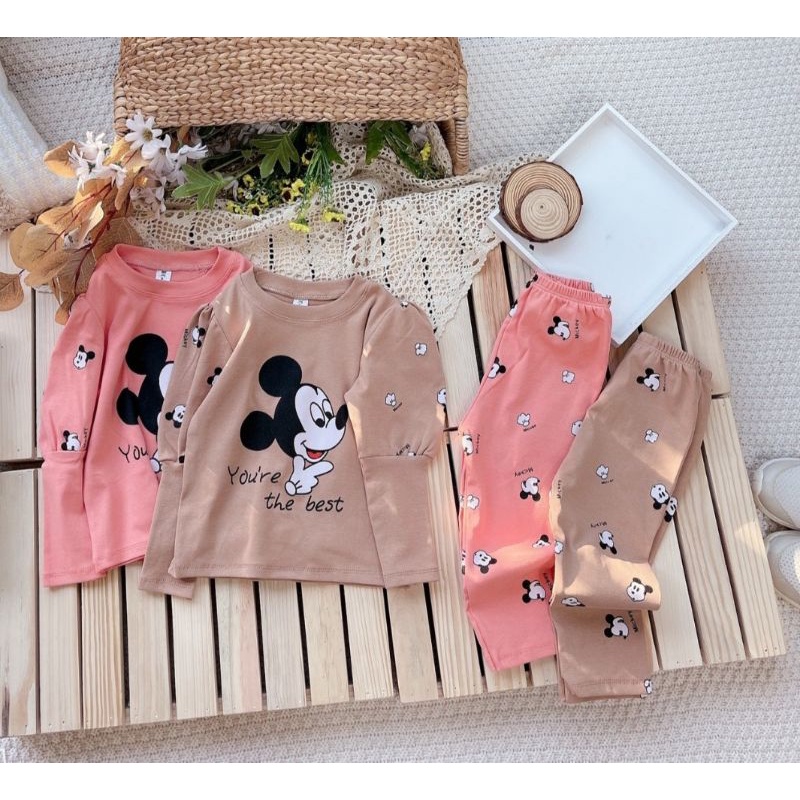 Bộ bé gái thu đông tay bồng chất cotton co dãn mịn đẹp in micky