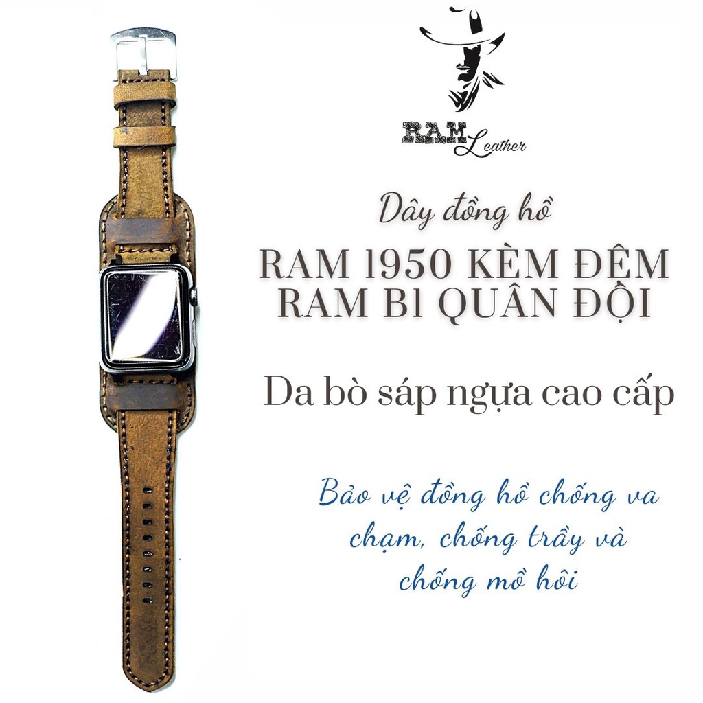 Dây đồng hồ Apple Watch , Iwatch , Iphone Watch Da Bò Sáp Nâu Kiểu Quân Đội RAM Leather Bundstrap B1  Bền Đẹp