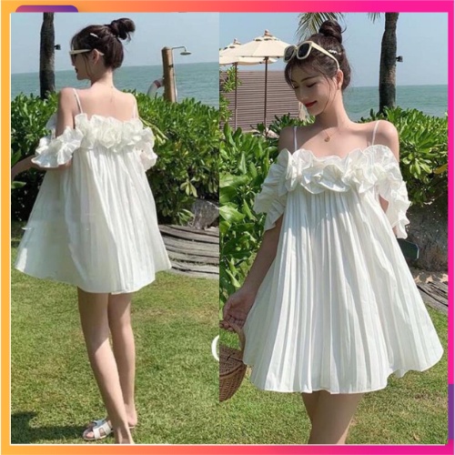 Váy Đầm Nữ,Váy 2 Dây Dập Ly Dáng Xuông Cổ Bèo Siêu Xinh Đi Chơi Đi Biển Đều Đẹp
