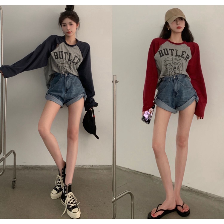 Áo Thun Tay Dài Dáng Rộng In Họa Tiết Màu Sắc Tương Phản Phong Cách Hàn Quốc Thời Trang Mùa