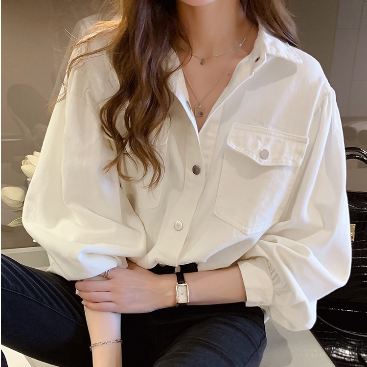 Áo sơ mi denim tay dài dáng rộng thời trang mùa xuân kiểu mới 2021 màu sắc tùy chọn dành cho bạn nữ