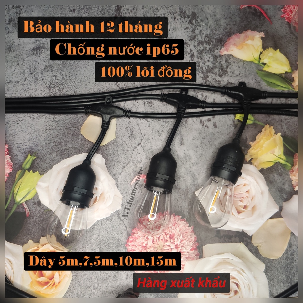 Đèn trang trí ngoài trời chống nước dài 15m 10m 7,5m 5m, Dây đèn trang trí 100% lõi đồng, Hàng xuất khẩu bảo hành 1 năm
