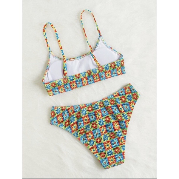 Set bikini hai mảnh  kín đáo dễ thương họa tiết hoa kẻ ô
