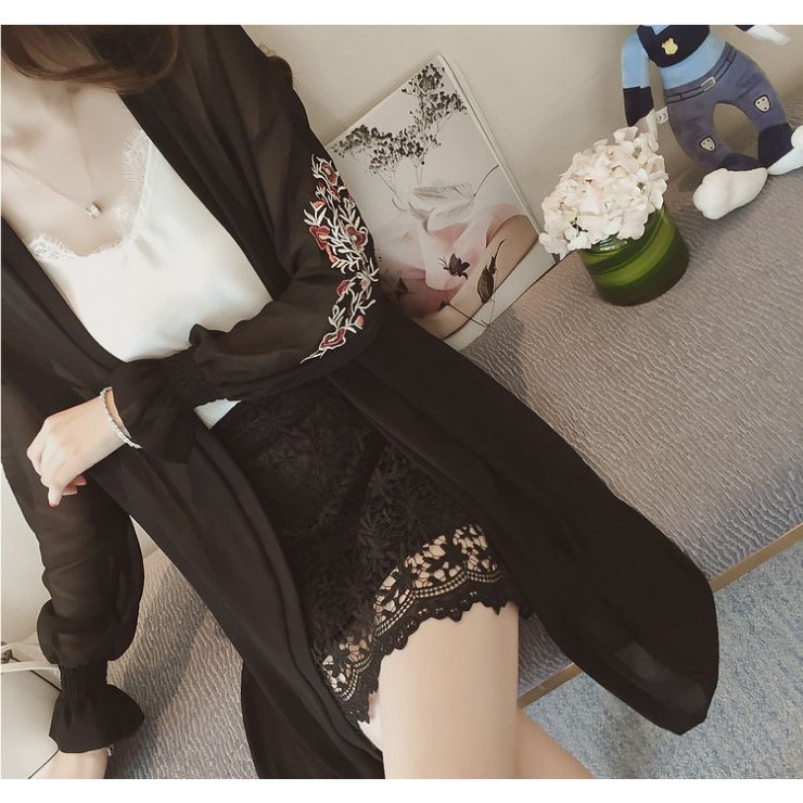 Aó khoác dài CARDIGAN nữ mùa hè 2019 chất voan dài tay thêu hoa chống nắng YT.01526