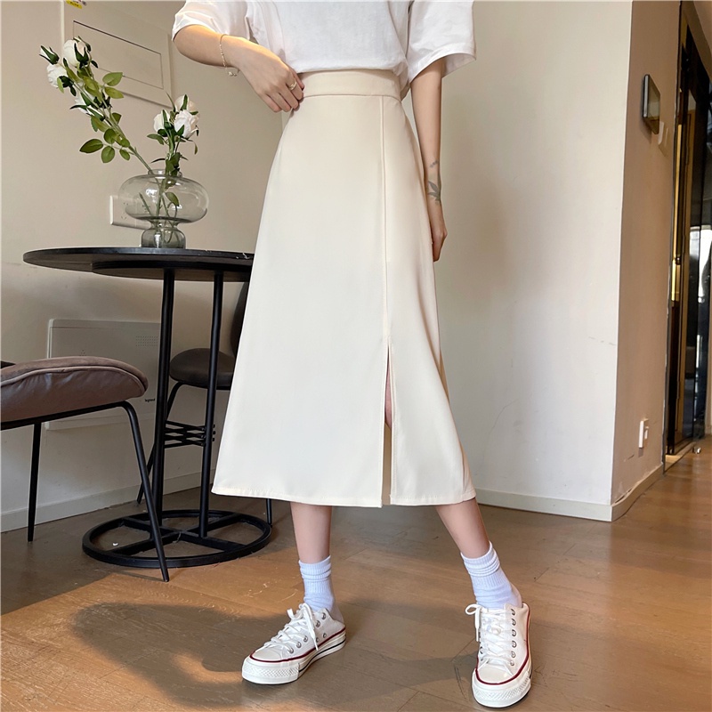 SUXI Chân váy midi chữ A lưng cao thiết kế xẻ tà thời trang hè cho nữ