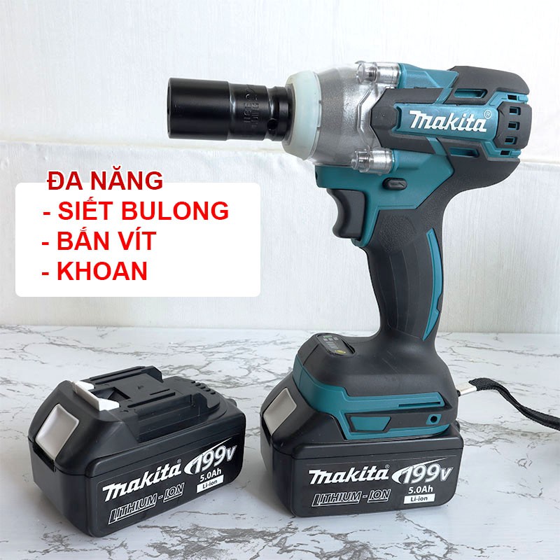 Máy siết bulong Makita 199V, máy siết bulong loại 1, tặng bộ đầu chuyển 6 đầu khẩu đa năng, Pin chuẩn 10Cell