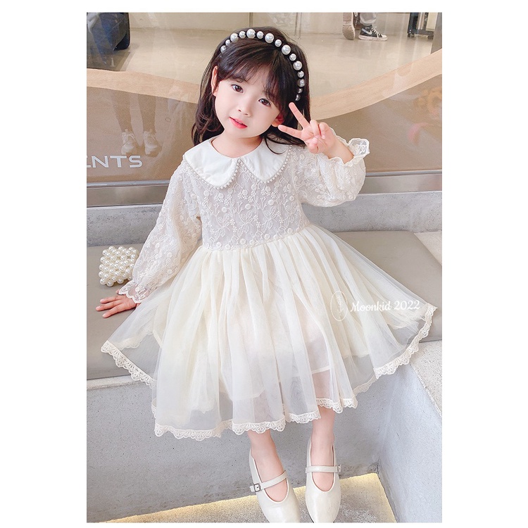 Váy bé gái ren hoa công chúa dài tay cao cấp khóa sau lưng 8-20kg