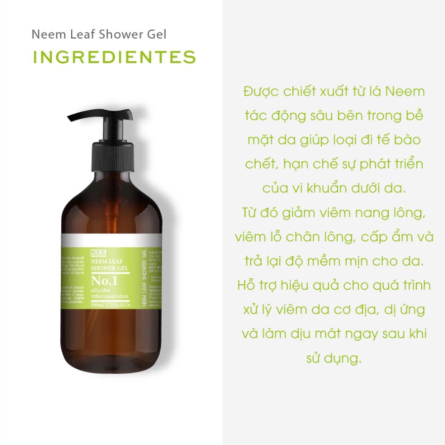 Sữa tắm viêm nang lông MEE NATURAL - Sữa tắm thảo mộc giảm mụn, viêm nang lông Neem Leaf Shower Gel 500ml