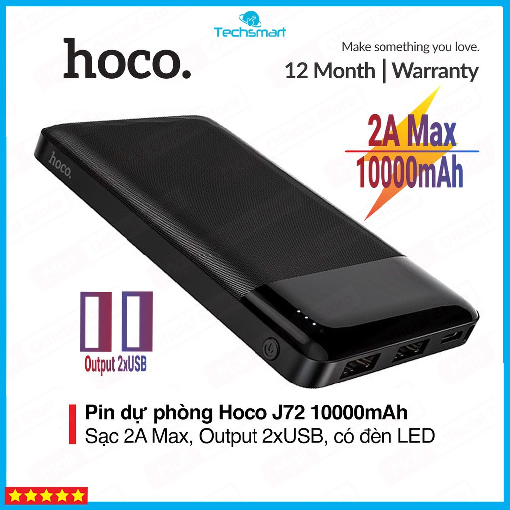 Pin sạc dự phòng 10000mAh Hoco J72 sạc nhanh 2A Max cho IPhone/Android tích hợp đèn LED - Chính Hãng