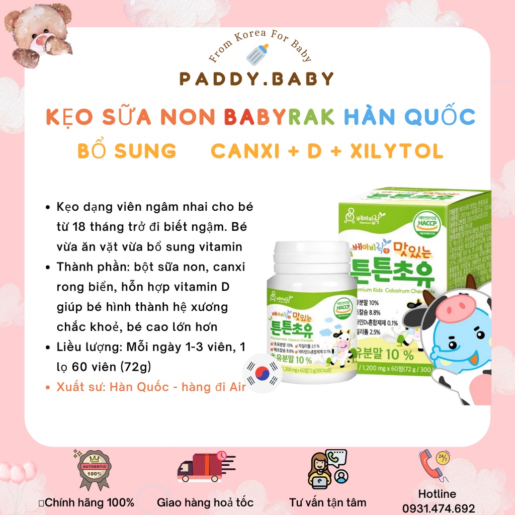 Kẹo sữa non Babyrak - Hàn Quốc bổ sung Vitamin D + Canxi + Xilitol cho bé từ 18 tháng trở lên biết ngậm
