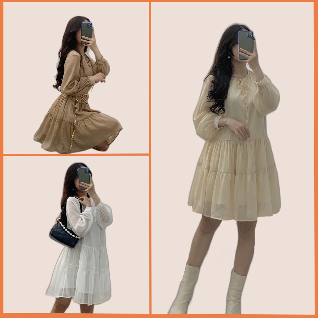 Váy Babydoll nữ dài tay phối nơ ngực [2 lớp] Đầm nữ bánh bèo chất tơ mịn V-BB