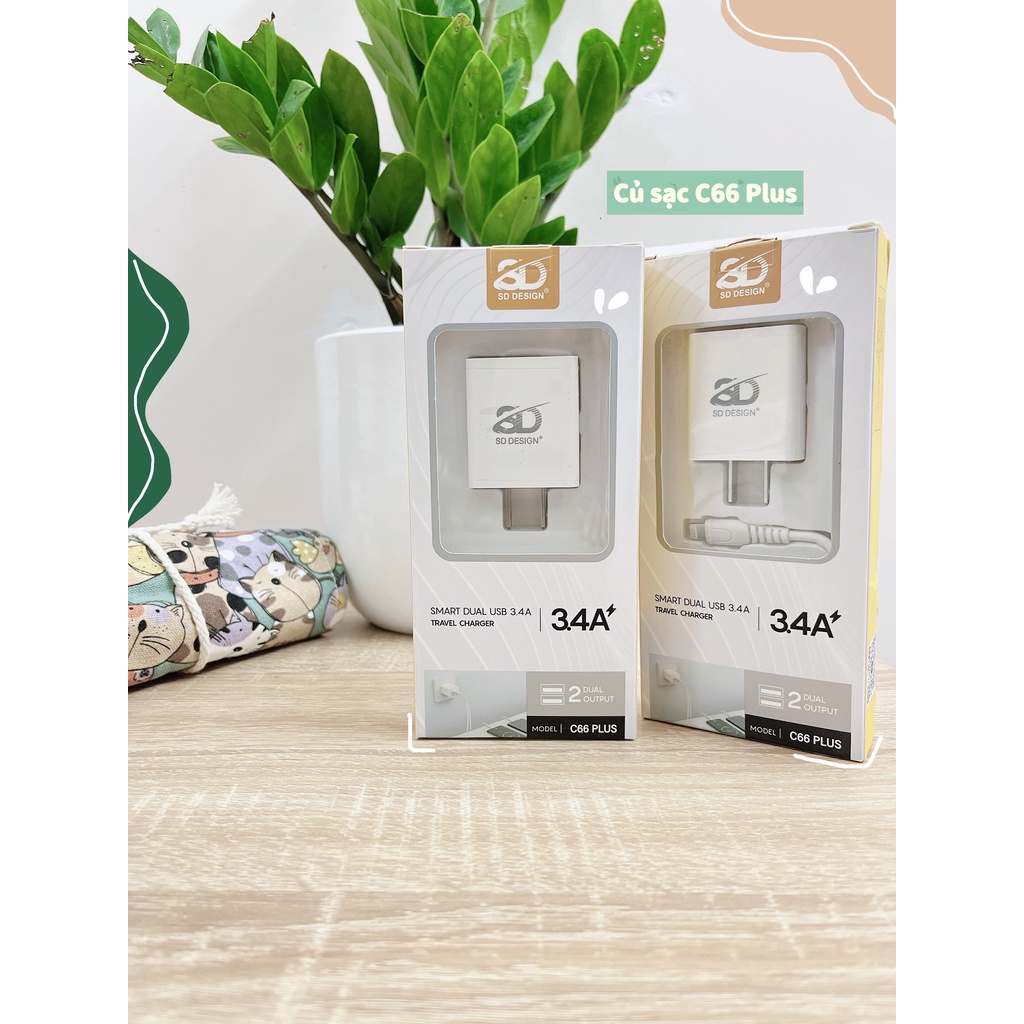 Bộ sạc nhanh C66 Plus 2 Cổng sạc Usb chính hãng SD DESIGN sạc nhanh an toàn cho điện thoại iphone, samsung, oppo, xiaomi