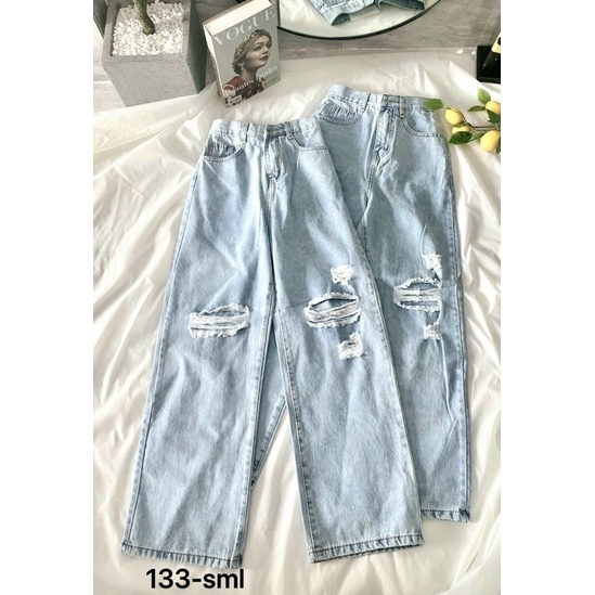 Quần Baggy Jean Nữ Lưng Cao Ống Rộng Phối Rách Ms133