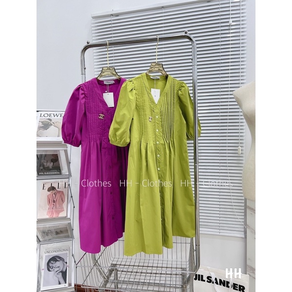 Đầm babydoll dáng dài xếp ly ngực tay phồng quảng châu