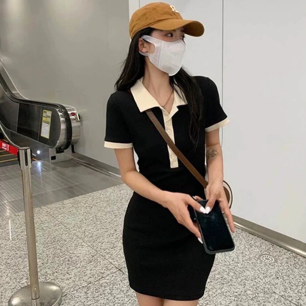 Đầm len body cổ sơ mi polo tay ngắn cúc khuy chất đẹp mặc tôn dáng basic phong cách Hàn Quốc đơn giản năng động