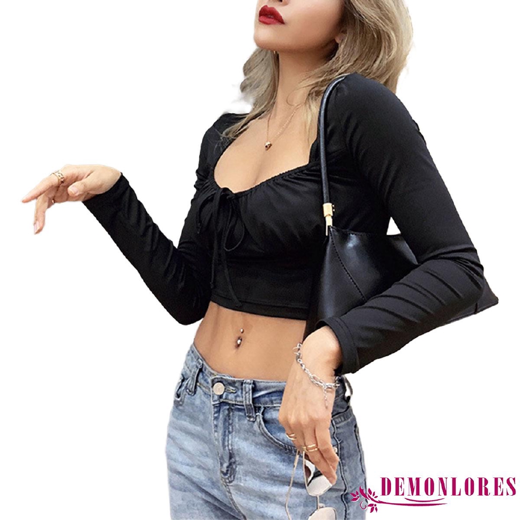 Áo croptop tay dài cổ vuông sâu màu trắng / đen thời trang cho phụ nữ