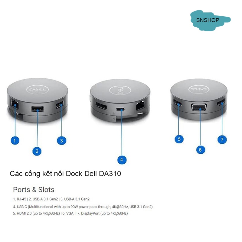 Hub Dell DA310, Da310u - Dock USB C  Xuất Màn Hình 4K 60HZ Cho Laptop, Samsung Dex -SNSHOP