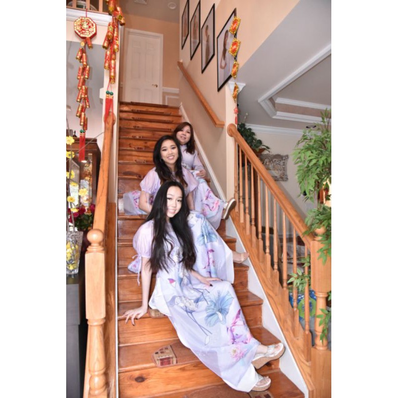 Áo dài nữ hoa sen thêu cườm tinh tế - mẫu mới - KHÔNG ĐÍNH KẾT