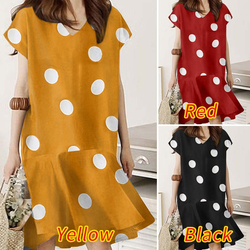 Đầm mini ZANZEA tay ngắn họa tiết chấm bi nhún bèo vintage phong cách thường ngày dành cho nữ